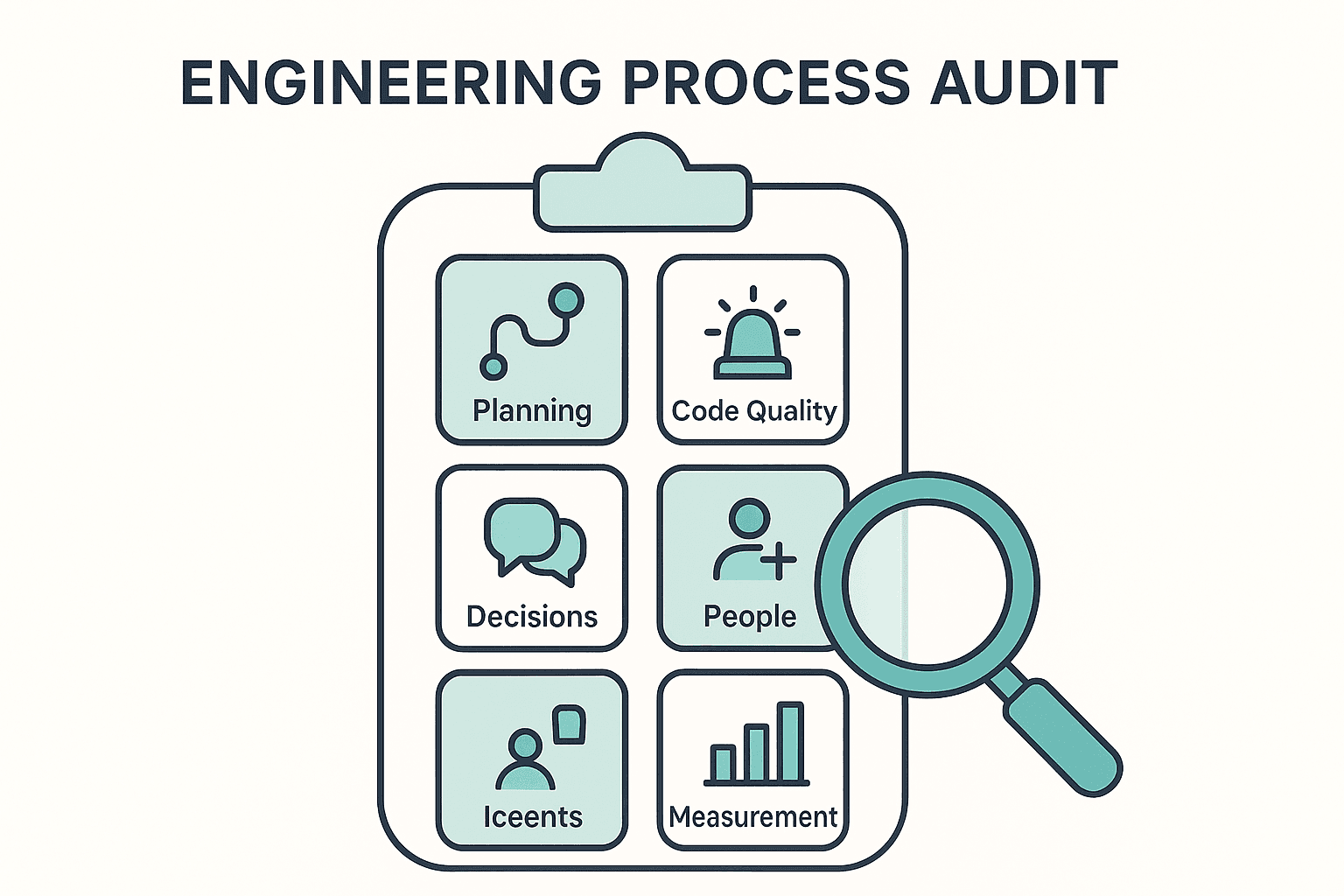 Clipboard infographic of the six areas of an engineering process audit: planning, code quality, incidents, decisions, people, and measurement